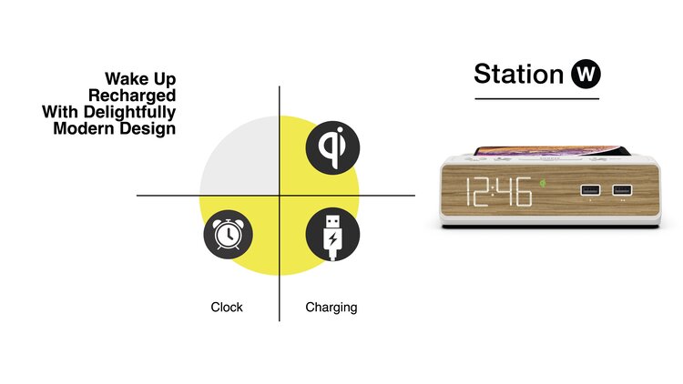 Station W All Inclusive Alarm Clock and features infographic.