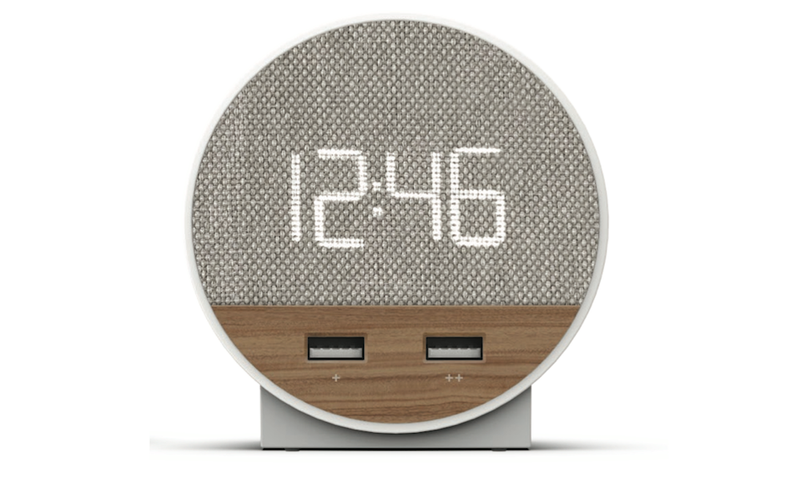 Closeup image of walnut color of Station O Alarm Clock with USB Ports.