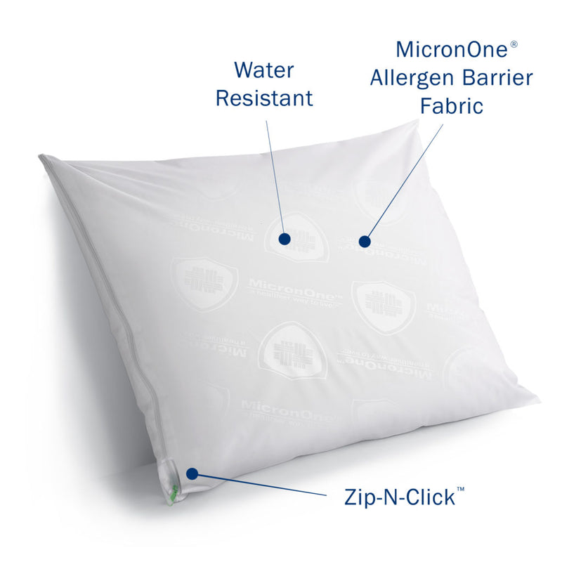 Image of pillow with the CleanRest PRO Pillow Encasement features noted.