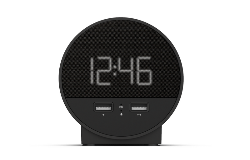 Closeup of black color Station O Alarm Clock with USB Ports.